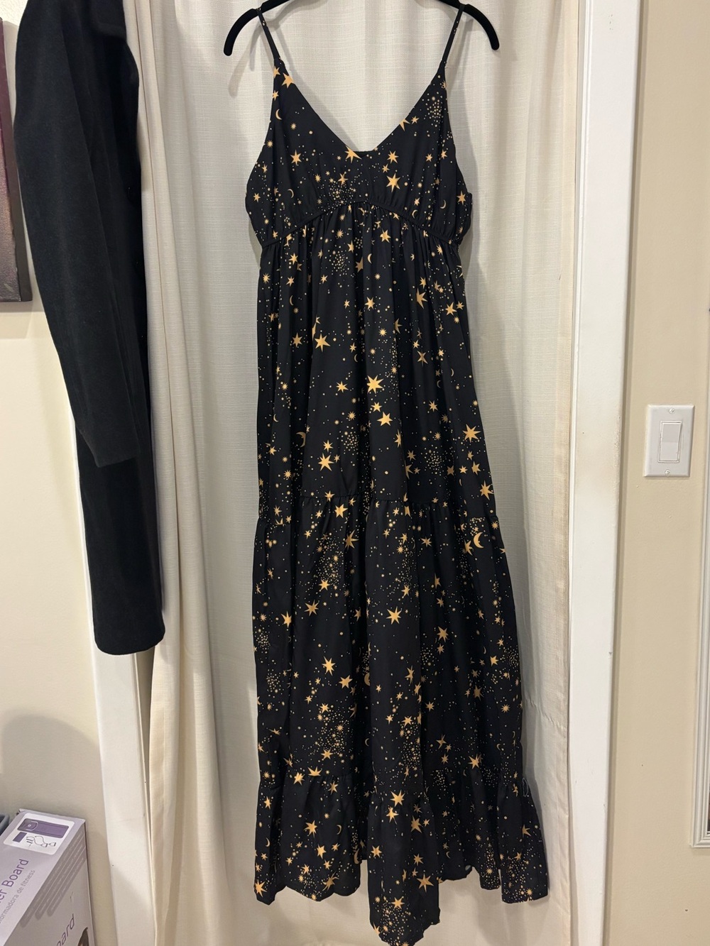 NWOT Black Maxi Dress with Gold Star/Moon Print